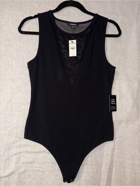 Express Black V-Neck Sleeveless Bodysuit with Mesh Insert
